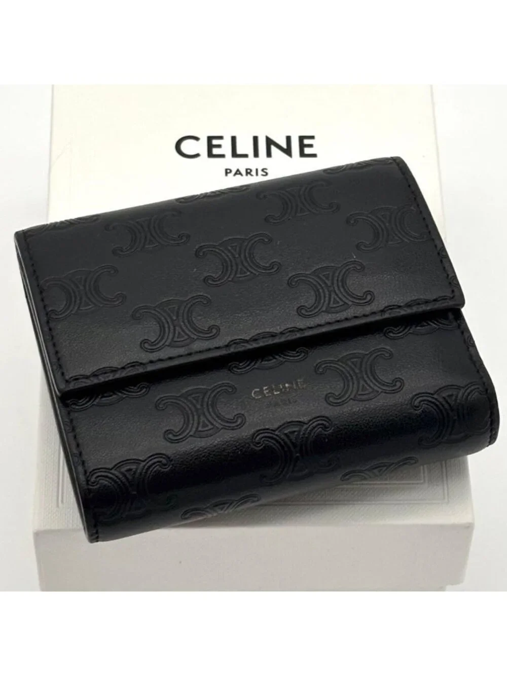 Celine Trifold Wallet Triomphe Embossed Logo Leather Black